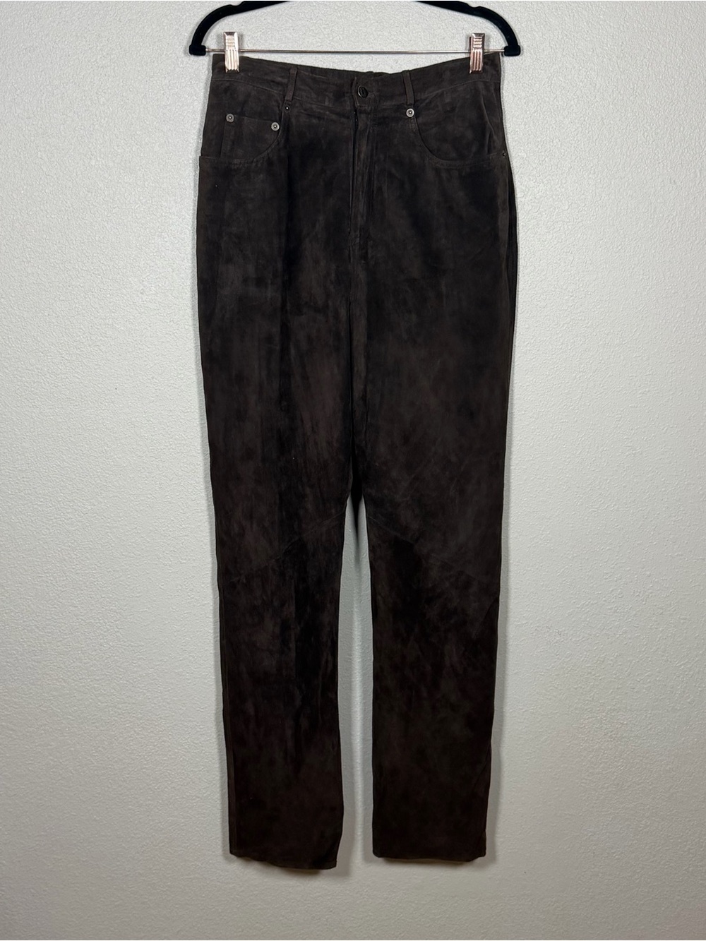 Vintage 90s Brown Genuine Leather Lined Pants Pockets Flat Front Button Solid 10